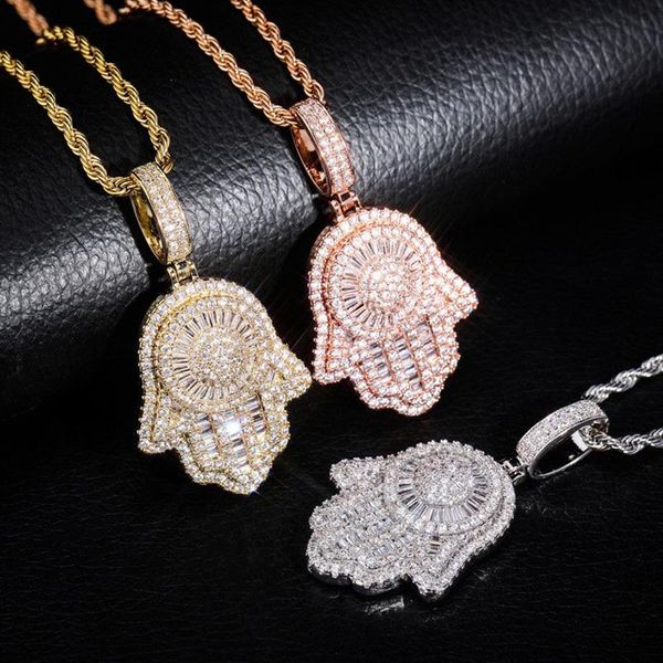 Hip hop colar de ouro fatima mão mau olhado sólido volta pingente colar gelado laboratório completo diamante masculino bling jóias gift190o