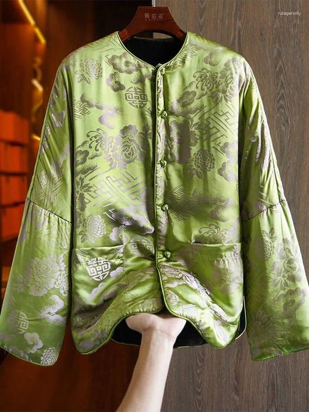 Этническая одежда 2024, шелковая хлопковая комбинезон с принтом в стиле ретро, женская зимняя куртка в китайском стиле, двусторонняя одежда на пуговицах