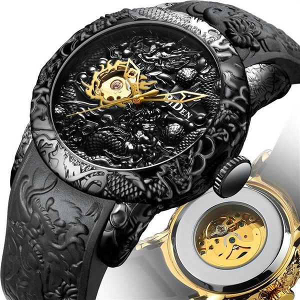 Наручные часы BIDEN, модные золотые скульптуры дракона, мужские часы, автоматические механические водонепроницаемые наручные часы с силиконовым ремешком, Relojes Hombr271r