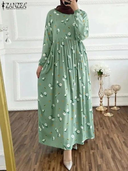 Ethnische Kleidung ZANZEA Mode Frauen Floral Bedrucktes Muslimisches Kleid Herbst Langarm Vintage Urlaub Sommerkleid Dubai Türkei Abaya Hijab