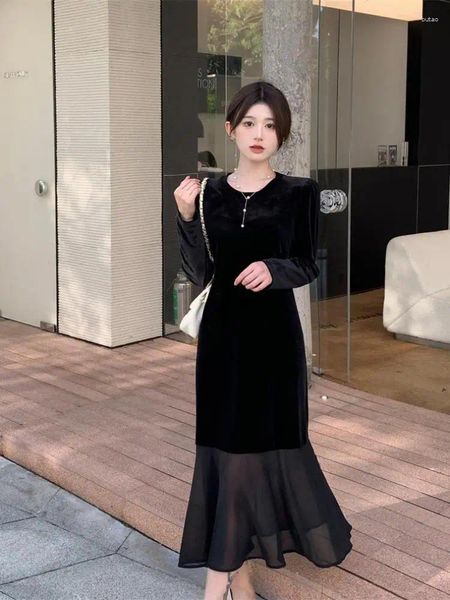 Casual Kleider Herbst Schwarz Elegante Dünne Samt Abend Party Fischschwanz Kleid Frauen Langarm Koreanische Midi Vintage Übergroßen Trend