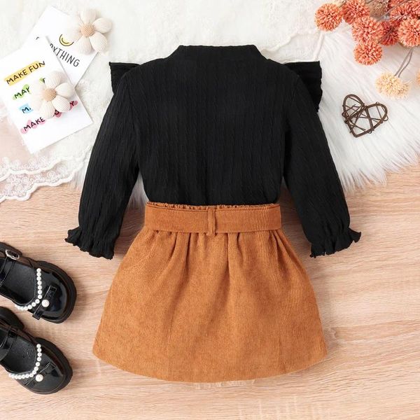 Roupas conjuntos de roupas criança bebê menina 2pcs Roupas de primavera Ruffle de manga comprida camiseta tampo A mini-saia de linha com roupas casuais de cinto Conjunto