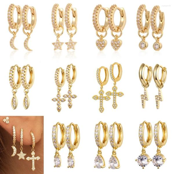 Brincos pendurados femininos estrela lua argola com pingente micro incrustado zircão cruz coração orelha cor dourada 11 estilos brincos joias