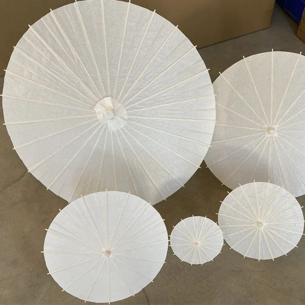 Guarda-chuva de papel artesanal chinês, 20/30/40/60cm/84cm, acessório para fotografia de casamento, decoração de festa, papel branco, alça longa, guarda-sol ll