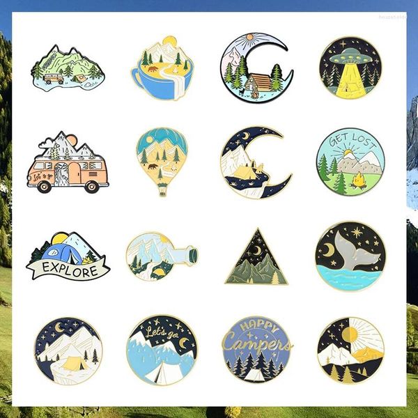 Broches de alfinetes esmaltados de montanha, coleção de emblemas de árvore, lago, floresta, acampamento, presente para amantes de viagens de aventura