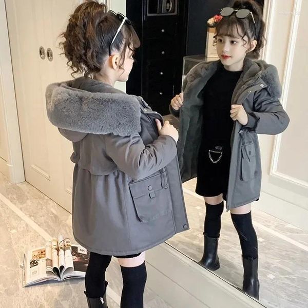 Down Coat Peluş Velvet Ceket Kızlar Kapüşonlu Kış Dış Giyim Genç Kid Parka Snowsuit Dışarıda Günlük Pamuk Giyim 2024