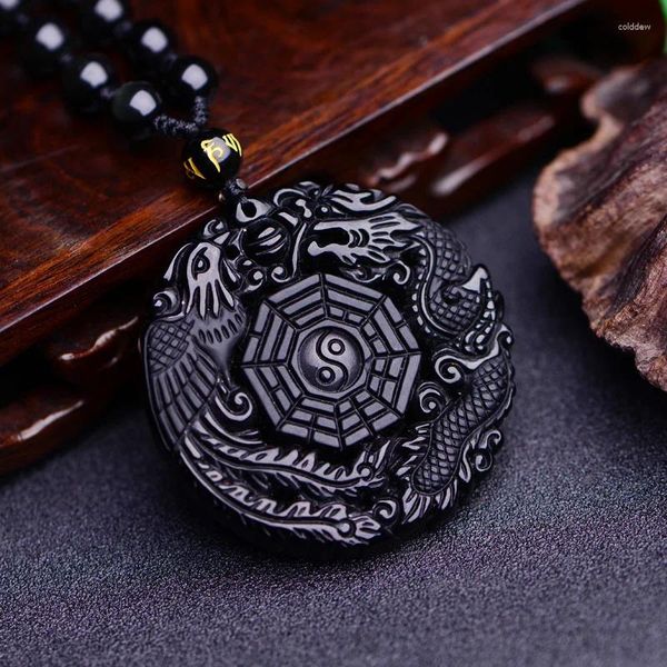 Anhänger Halsketten Natürlicher schwarzer Obsidian Handgeschnitzter chinesischer Drache Phoenix BaGua Lucky Amulett Kostenlose Halskette Fahion Feinsteinschmuck