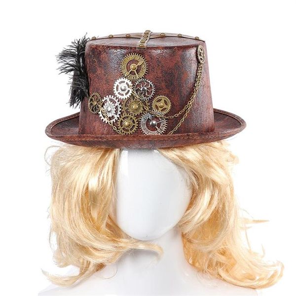 Steampunk Retro Cappelli Carnevale Cosplay Bowler Gear Catena Feather Decor Party Caps Halloween Marrone Cappelli rotondi per uomo Donna T200246y