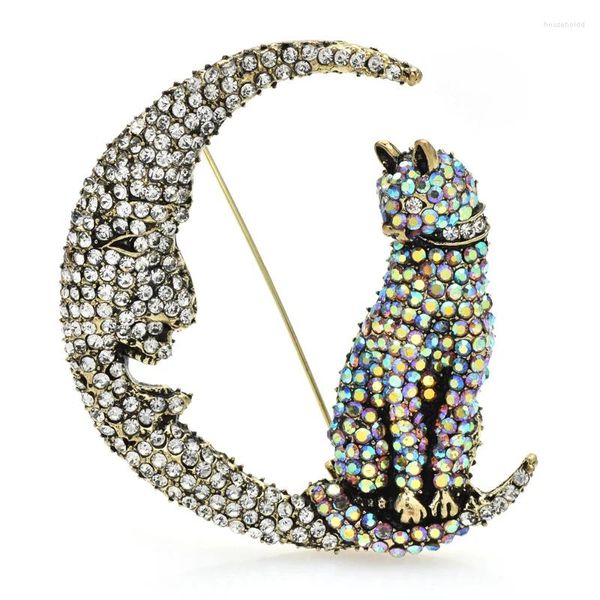 Spille Wulibaby Scintillante Gatto Lunare Seduto per Donne Grandi Strass Bellissimi Animali Domestici Spilla per Ufficio Spilla Regali