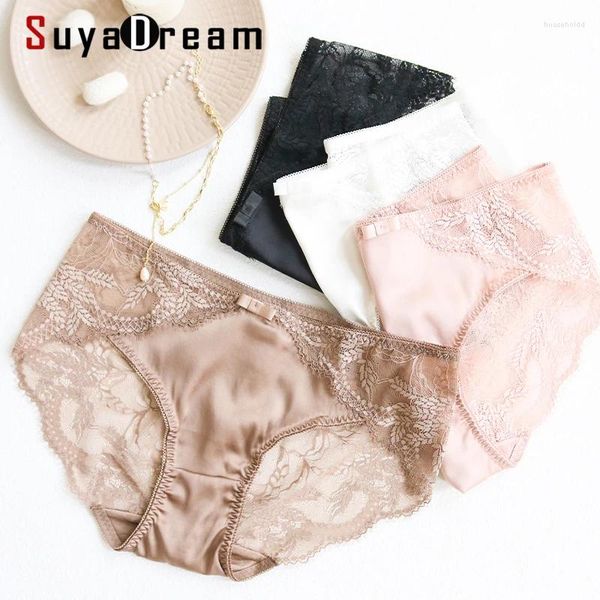 Calcinha feminina SuyaDream 2 pçs / lote Mulheres Natural Silk Forro Sexy Lace Briefs Saúde 2024 Desgaste Diário Intimates Rosa Branco