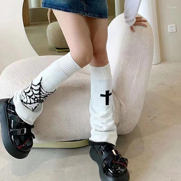 Damen Socken Gothic Lolita Strick lang Y2K Harajuku Halloween Spinnennetz Kreuz Winterstiefel