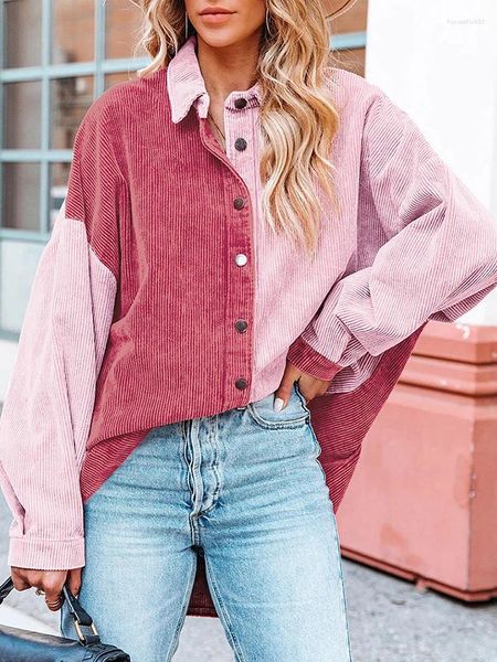 Frauen Blusen Herbst Kontrast Farbe Cord Shirts Für Frauen 2024 Langarm Button Up Oversize-Shirt Büro Schöne Tops