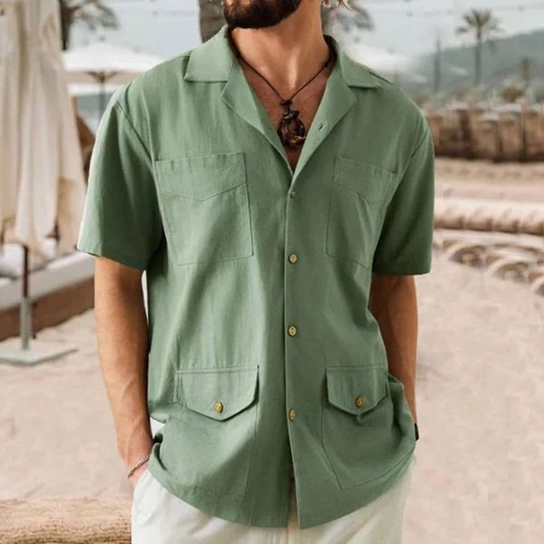 Camisas casuais masculinas cor sólida lapela dupla face bolsos grandes botão de linho de algodão grande e alto vestuário de verão
