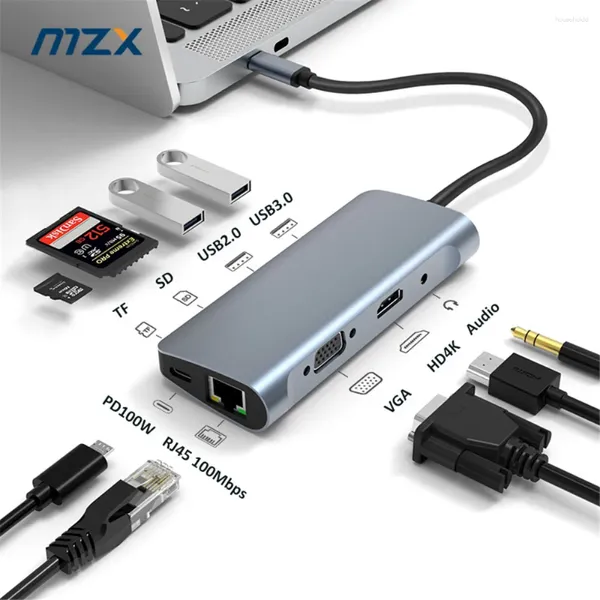 Em 1 docking station hdmi-compatível 4k vga usb tipo c hub 3 0 2.0 3.0 concentrador adaptador divisor doca extensão portátil