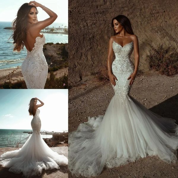 Stunningbride 2024 lindo laço sereia vestidos de casamento sem alças pescoço frisado sem costas trem de varredura lantejoulas apliques tule vestidos de noiva