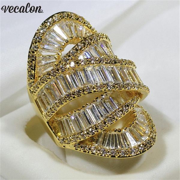 Vecalon Big Brosa Anel de Party Ring Gold Color 925 Sterling Silver Diamond Engagement Banding Band