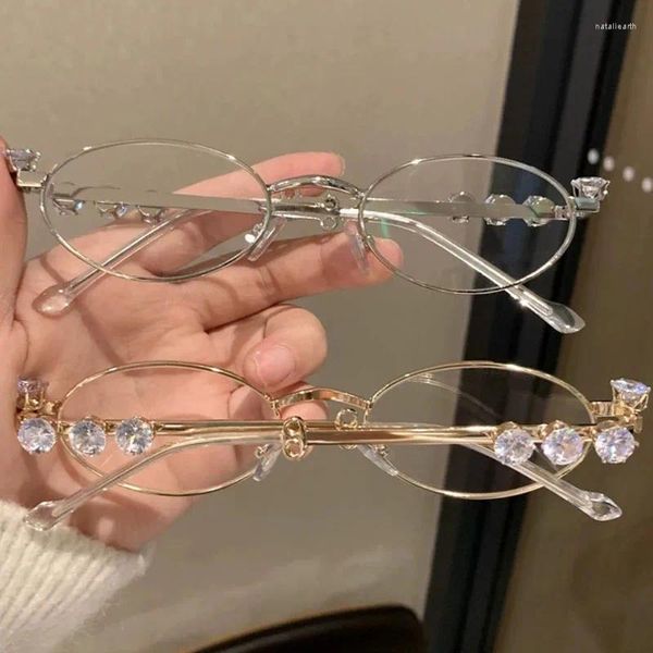 Güneş gözlükleri y2k metal oval tonlar kadınlar erkekler rhinestone elmas unisex bling gözlük çerçeveleri uv400 moda gözlük gözlükleri