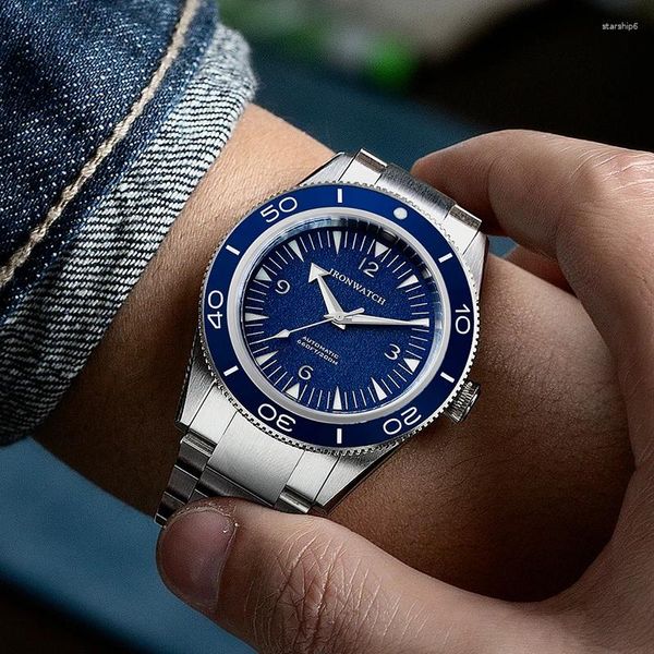 Relógios de pulso relógio masculino automático 20bar à prova d 'água luminosa safira sanduíche dial negócios casual estilo vintage azul mergulho ironwatch