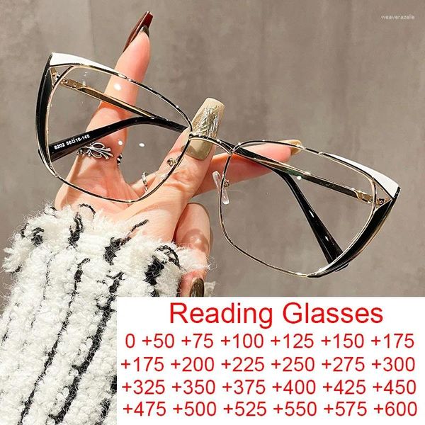 Sonnenbrille Mode Cat Eye Schwarz Weiß Metall Brillengestell Stilvolle Federscharnier Computerbrille Anti Blaues Licht Lesen Frauen