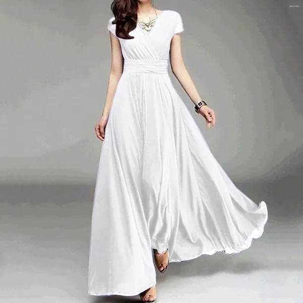 Vestidos casuais 2024 mulheres primavera verão algodão linho elegante senhoras plissadas longo branco v pescoço rendas até arco vestidos robe