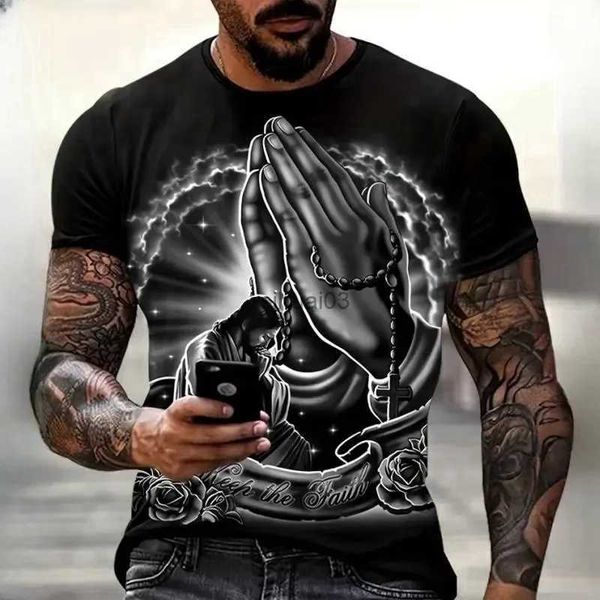 Homens camisetas Cristianismo Orar Camisetas Moda 3D Jesus Impressão Camiseta para Homens Casual O-pescoço Oversized Manga Curta Tops Roupas Vintage