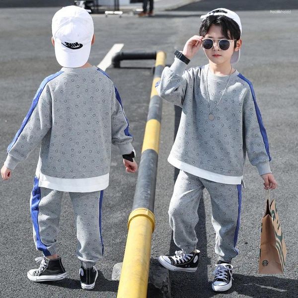 Kleidungssets Frühling Herbst Jungen Kontrast Patchwork Lächeln Sweatshirt Sweatpant Set Kind Trainingsanzug Schule Kinder Outfits Jogginganzüge 5-14