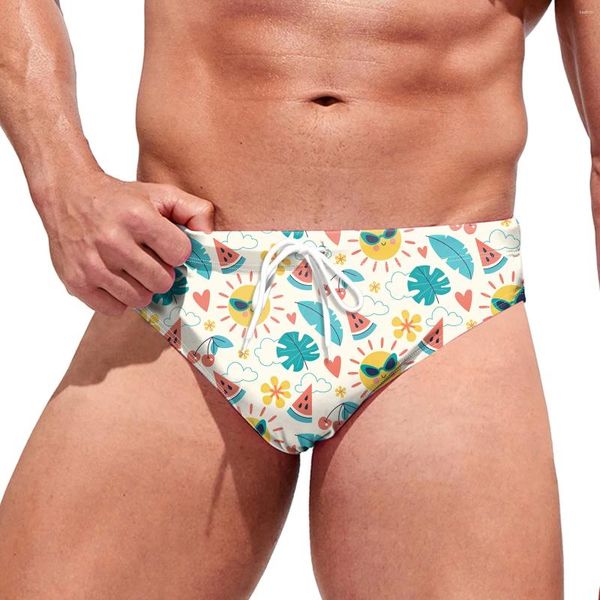 Pantaloncini da uomo Slip alla moda per giovani Costume da bagno Vita bassa con coulisse Mankini Board Simpatico cartone animato Stampa estiva hawaiana