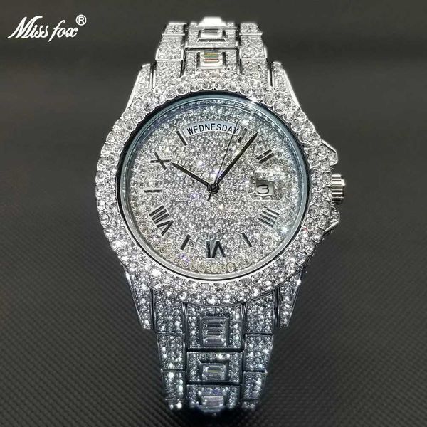 Outros relógios MISSFOX Hip Hop Diamond Mens Watch Luxury Silver Steel Quartz Watch Multi funcional Week Display Data automática Ice Out Relógio J240131