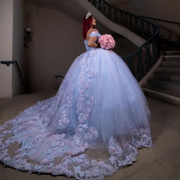 Mexikanisches himmelblaues, schulterfreies Quinceanera-Kleid mit Applikation, Spitze, Perlen, Tüll, Vestidos XV 15 Jahre, süße 16-Robe de Soiree