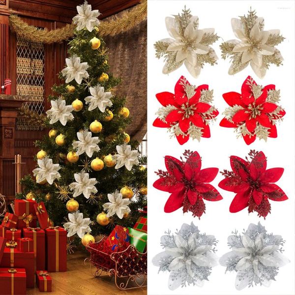 Fiori decorativi 5/10 pezzi Glitter Natale artificiale Oro rosso Poinsettia Testa di fiore Ornamenti per l'albero di Natale Decorazione Decorazioni per la casa Anno