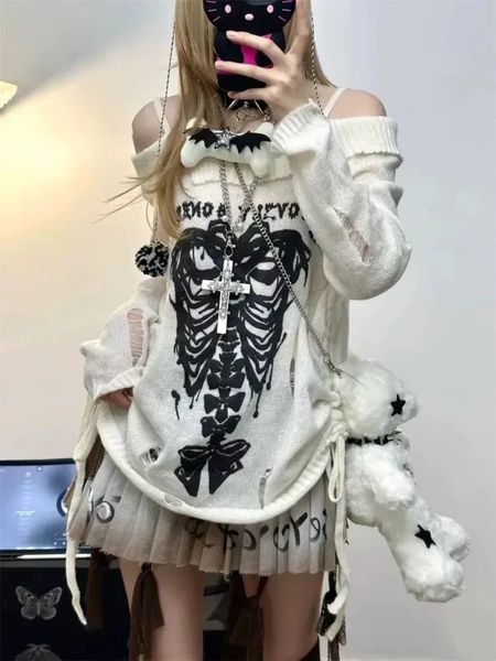 HOUZHOU Y2k Harajuku gotico lavorato a maglia pullover donna moda giapponese sexy cranio al largo della spalla punk ragazze buco maglione allentato 240131