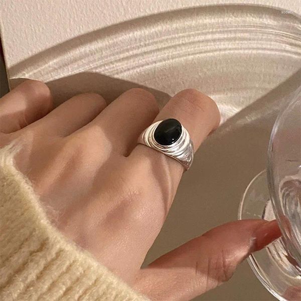 Anéis de cluster 925 prata esterlina para mulheres pedra preta simples minimalista aberto anel de dedo moda banda feminina bijoux presente