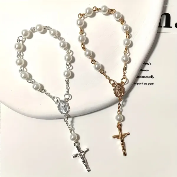 Braccialetti con ciondoli Romantico fidanzamento cattolico Bracciale con perle Confezione di sacchetti di organza bianchi trasparenti Confezione di rosari di preghiera per matrimoni religiosi