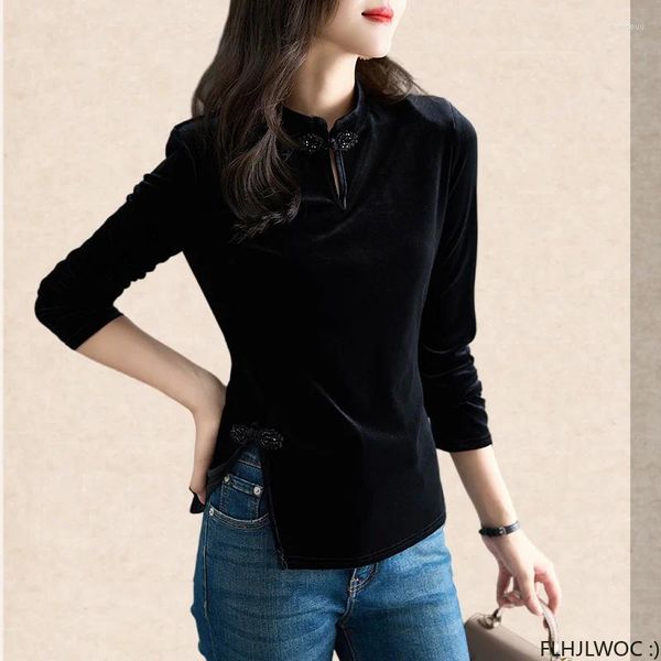 Женские блузки в китайском стиле с воротником Чи-Пао, черные бархатные топы, весна 2024 года, женская рубашка для свидания и пуговиц с разрезом, винтажная блузка