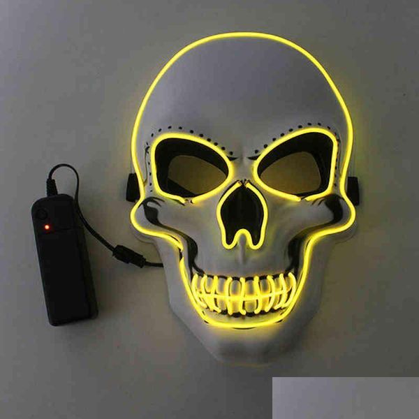 Máscaras de festa branco skl máscara brilhante halloween horror acender led frio fluorescente masquerade assustador fantasma y220805 gota entrega home dhsj9