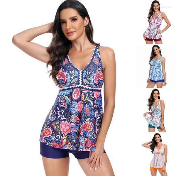 Roupa de banho feminina 2024 plus size tankini maiô 2 peça impressão conjuntos de biquíni grandes bustos acolchoados fatos de banho esporte