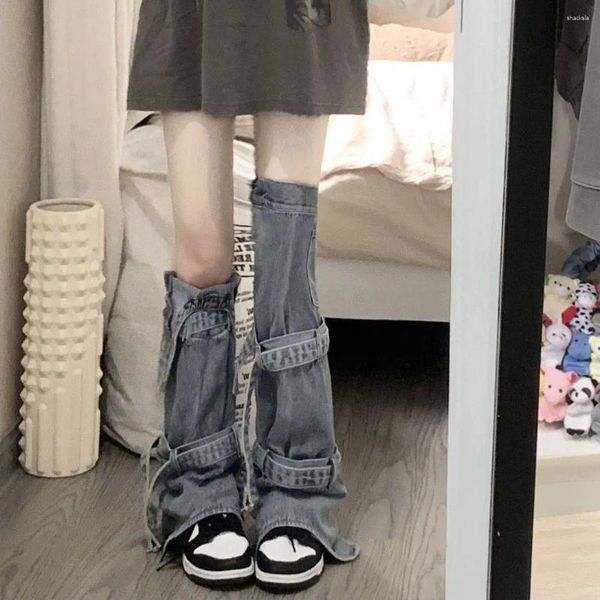 Meias femininas 2024 harajuku punk denim perna mais quente gótico chique sólido casual bandagem pé cobre y2k estética grunge streetwear