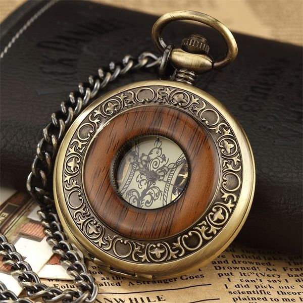 Confezione da scatola Orologio da taschino meccanico in legno massello Fob Catena con medaglione Quadrante Hollow Steampunk Scheletro Uomo Donna Uomo Orologio maschile Orologi 240122