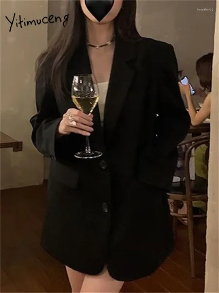 Ternos femininos Yitimuceng Black Blazer Mulheres 2024 Oversized Coreano Moda Manga Longa Chic Jacket Office Ladies Button Up Casacos Sólidos