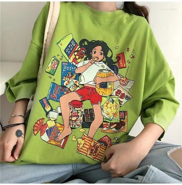 T-shirt da uomo 2024 Harajuku Ragazza coreana che mangia snack T-shirt Top in cotone verde a maniche corte estetica