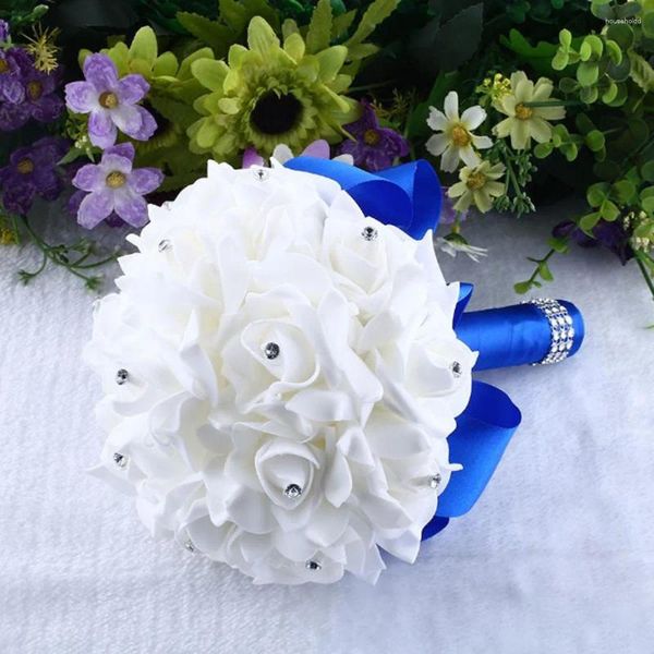 Flores decorativas rosas de cristal pérola buquê de casamento da dama de honra nupcial artificial vermelho branco e azul