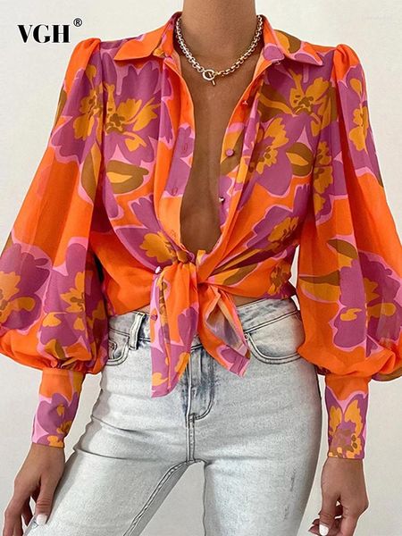 Kadın Bluzları Vgh Seksi Baskı Floral Gömlek Kadınlar Lapel Puff Sleeve Colorblock Dantel Yukarı Kadın Bahar Giyim Stili 2024 Moda