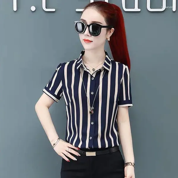 Camicette da donna Fashion Women Fring Summer Style Shirts Lady Casual Office Work Wear Ol Short Short Striped Blusas tops DF2699