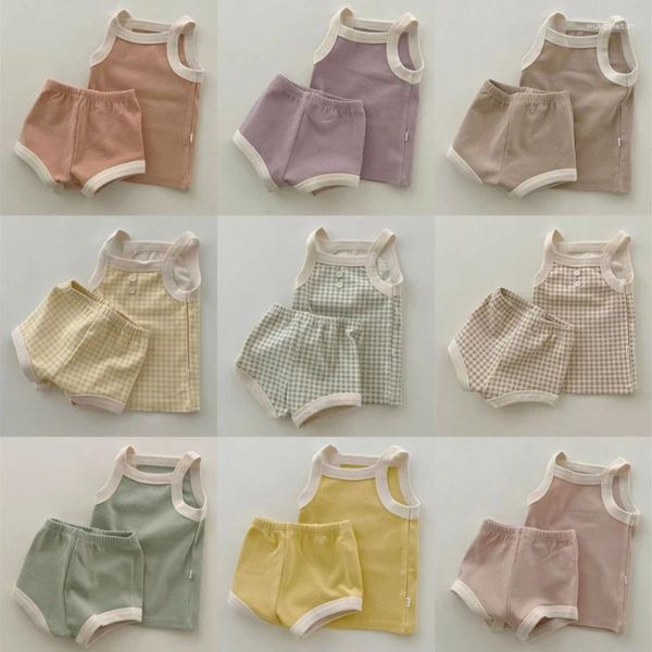 Conjuntos de roupas Baby Girl Outfit Set Verão Bonito Algodão Suspender Cool Colete Top Bag Fart Calças Coreanas Confortáveis ​​Roupas de Casa para Crianças