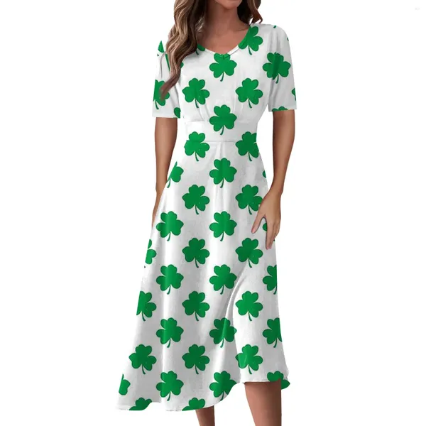 Freizeitkleider Damenmode St. Patrick's Day Print V-Ausschnitt Kurzarm Taille Langes Swingkleid