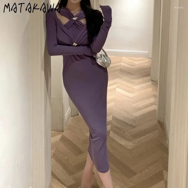 Casual Kleider Matakawa Herbst Winter Feste Frauen Koreanische Mode Elegante Dünne Sexy Vestidos Mujer Aushöhlen Vintage Langes Kleid