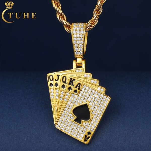 Lüks Hip Hop Takı Erkekleri 18K Altın Kaplama 925 STERLING Gümüş VVS Moissanite Elmas Işık Out Flush Poker Kolye