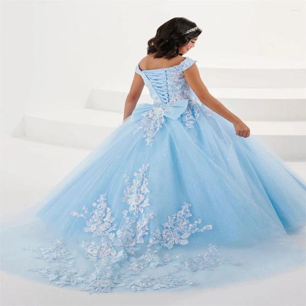 Vestidos da menina azul applique flor para casamento rendas tule lantejoulas inchado colarinho liso elegante crianças primeira comunhão vestido de baile