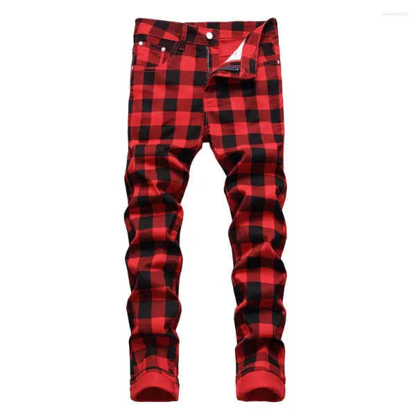 Jeans masculinos xadrez vermelho primavera verão casual homens high-end negócios jean pantalones hombre calças masculinas