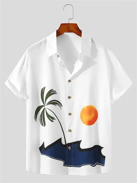 Camisas casuais masculinas coco pôr do sol impressão camisa de manga curta moda havaiana lapela topos praia 2024 estilo